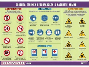 Таблица демонстрационная "Правила техники безопасности в кабинете химии" (винил 70х100) - fgospostavki.ru - Ижевск
